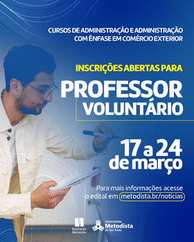 Inscrições abertas para professor voluntário nos cursos de Administração e Comércio Exterior